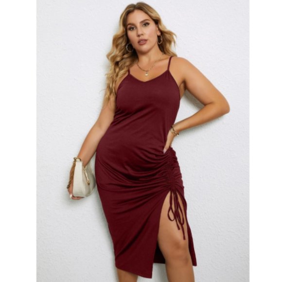 Plus Drawstring Front Split Thigh Cami Dress – Burgundy (16) - Picture 10 of 13